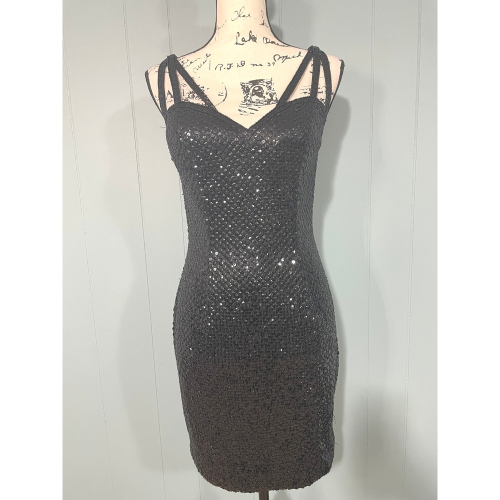 Vintage 90s NiteLine Della Roufogali Black Beaded Strappy V Neck Party‎ Dress